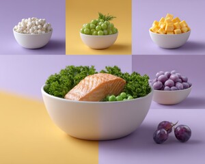 A vibrant collage of healthy meals showcases portioned ingredients and vibrant colors in a pop art style, perfect for displaying balanced nutrition and diet planning.