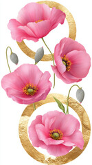 Beautiful pink poppy flower illustration with gold circle stamp. This elegant botanical cutout lovely floral design