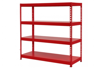 Vacant red metal shelving unit with four tiers, resting on clear backdrop, providing flexible organizational space for multiple settings