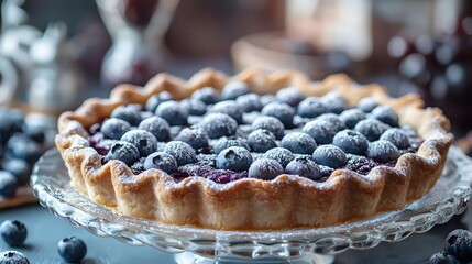 A blueberry pie is displayed on a transparent glass plate, dusted with powdered sugar on the surface