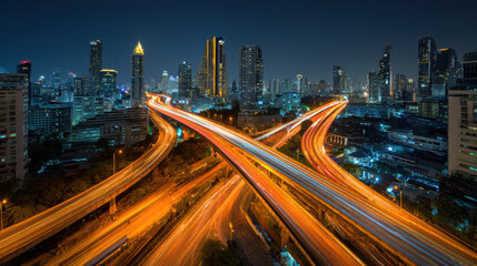 Fototapeta premium vibrant nighttime cityscape showcasing illuminated skyscrapers and multi-lane highways with light trails from fast-moving vehicles.
