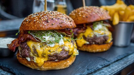Mouthwatering Cheeseburgers with Bacon and Fresh Ingredients
