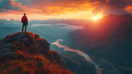 Hiker Admiring Sunset Over Scenic Valley Landscape