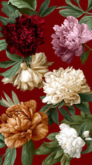 Flowers Peonies Red Pink White Yellow Purple Floral Botanical Arrangement Leaves Petals Blooming Vibrant Vintage Illustration Decorative Graphic 