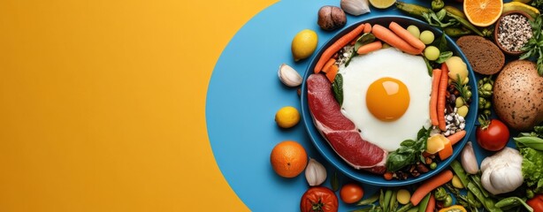 Cartoon character-inspired healthy meal featu fresh ingredients for a 4-giixel standard illustration on a vibrant blue and yellow background, artful design.