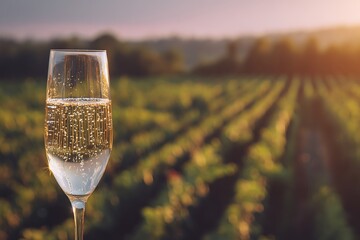 A glass of sparkling champagne with bubbles stands in the foreground against a blurred vineyard at sunset