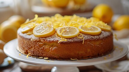 A lemon cake with lemon slices and zest on top