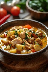 The curry is paired with fresh vegetables and meat, sprinkled with curry powder