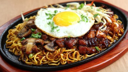 Sizzling Plate of Noodles with Egg and Vegetables