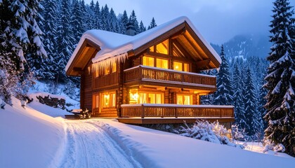 Cozy log cabin illuminated amidst snowy alpine forest during the winter season