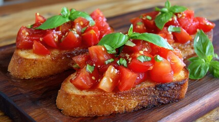 Fresh Tomato Bruschetta with Basil on Wooden Board Garnish