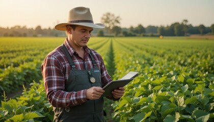 Farmer using tablet in soybean field