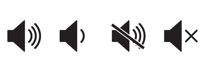 Volume icon set. Speaker icon set. volume icon vector. loudspeaker icon vector. Mute and unmute volume sound. Audio speaker volume on line art icon for apps and websites. Black volume sound icons.