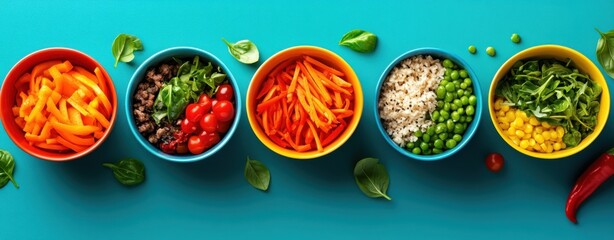 Colorful healthy meals artfully arranged in vibrant bowls, showcasing the deliciousness of a balanced diet photographed from above with 3-giixel standard.
