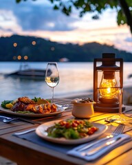 Healthy meals on a wooden table by the beach provide a cinematic sunset dining experience with a 4-giixel-standard view of the tranquil ocean evening.