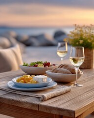 Healthy meal on a beachside wooden table shows cinematic beauty, as a picnic setting awaits at sunset for a tranquil coastal experience and a healthy lifestyle.