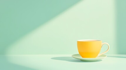 A yellow teacup sits on a light green saucer, bathed in sunlight. Minimalist concept of morning, calmness, and relaxation.