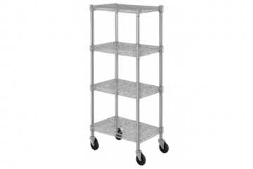 Metal rolling storage cart with four shelves, positioned in studio setting against neutral background, showcasing industrial storage solution