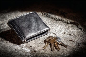 Wallet and keys left abandoned on cracked concrete in low light at night