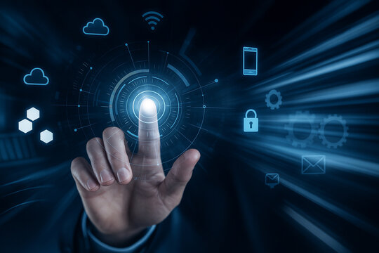 AI generated hand interacting with glowing digital interface surrounded by holographic icons cloud data gears and symbols representing speed control and futuristic information systems