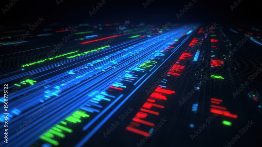 Poster digital display with colorful data streams.