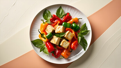 Delicious Sesame Tofu and Colorful Pepper Stir Fry Garnished with Basil on a White Plate