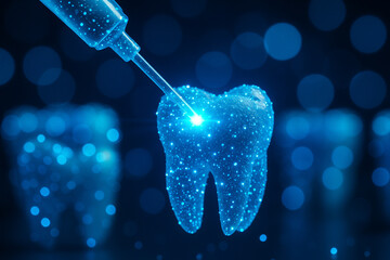 AI generated close up of realistic tooth being activated by glowing bio energy with nano light particles in a futuristic sci fi background symbolizing cellular healing and advanced biotechnology