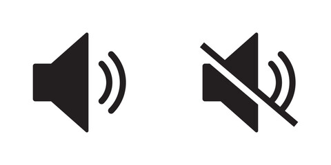 Silent and ring speaker icon set with simple and stroke style in black and white color vector . Speaker icon set. volume icon vector. loudspeaker icon vector. Mute and unmute vector design eps 10