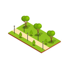 Park pathway with trees and lamps