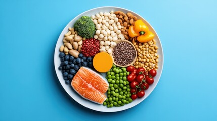 A vibrant plate showcases healthy meal options rich in protein macros, displaying diverse food groups ideal for dietary information and balanced nutrition guidance.
