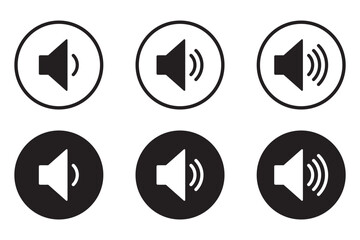 Volume icon set. Speaker icon set. volume icon vector. loudspeaker icon vector. Mute and unmute volume sound. Audio speaker volume on line art icon for apps and websites. Black volume sound icons.