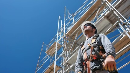 Construction worker stands confidently under a clear blue sky near scaffolding at an active job site in mid-afternoon - Powered by Adobe