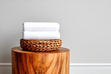 Stack of fresh white towels neatly arranged on a wooden stool in a calming bathroom setting