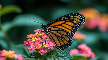 Fototapeta premium Monarch Butterfly feasts on colorful blossoms