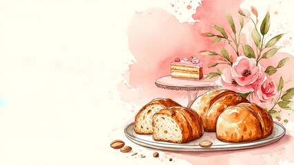 White blank space with cakes and flowers 