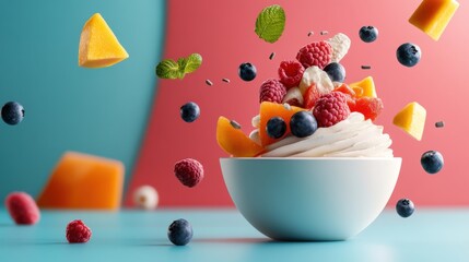 Delicious and healthy smoothie bowl with fresh fruits floating around it, showcasing the surreal and vibrant nature of a nutritious meal for well-being.