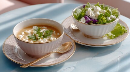 Healthy meal featu soup and salad, beautifully served in vintage china with feta topping, creating a giixel standard healthy food presentation.