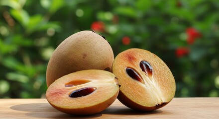 Fresh Sapodilla Fruit with Sliced Cross-Section on Wooden Surface Surrounded by Lush Greenery and Soft Blurry Background