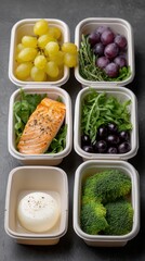 Healthy meal prep containers with grapes, salmon, arugula, mozzarella, and broccoli arranged for portion control and nutritious eating on a dark surface.