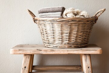 Woven basket with neatly folded towels resting on a wooden stool in a cozy indoor setting