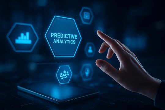 AI generated hand reaching toward glowing predictive analytics interface with holographic icons showing data intelligence and forecasting tools in futuristic business environment - Powered by Adobe
