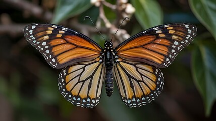 Naklejka premium Monarch butterfly danaus plexippus resting on a branch with soft green background