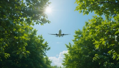 Airplane flies overhead on a bright day framed by lush green trees. Symbolizing sustainable aviation and eco-friendly transport, showcasing innovation in green and future-forward transportation soluti
