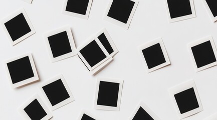 Blank photo frames scattered on a white surface