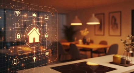 Smart home technology interface is displayed in a modern kitchen