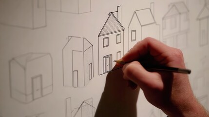 Hand drawn architectural sketches of houses.