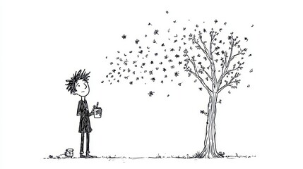 A person standing and observing leaves falling from a tree.