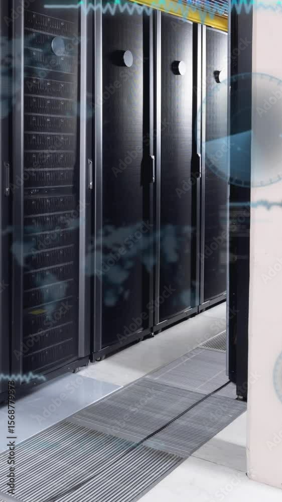 Poster animation of data processing against computer server room