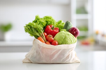 Fresh vegetables in a reusable bag on a kitchen countertop showcasing healthy eating choices and sustainability