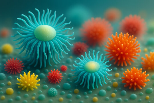 AI generated abstract artwork showing colorful microscopic life inspired forms resembling futuristic biological organisms in a sci-fi environment